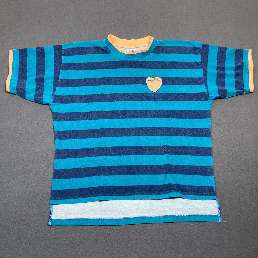 VTG 90s Quicksilver Striped T-Shirt Men's Size Medium Blue Short Sleeve Crest